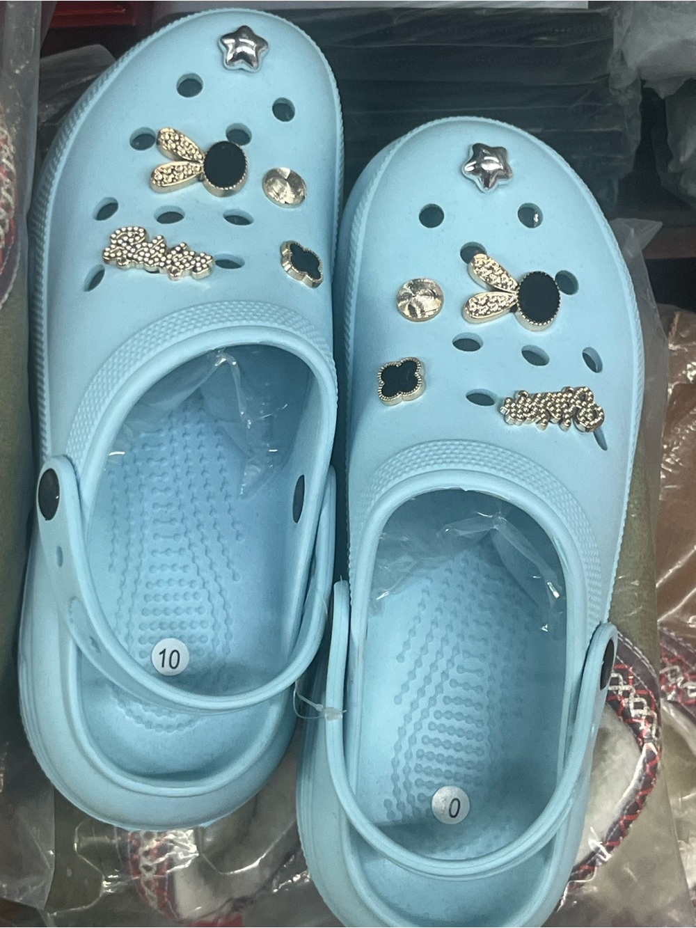 Light Blue Slip-On Clog Shoes with Decorative Charms